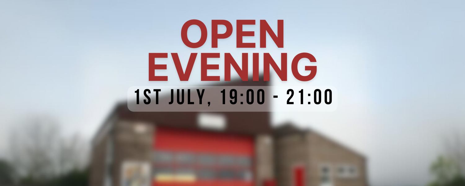 blurred image of blagdon fire station with text over saying open evening, 1st july from 19:00 to 21:00