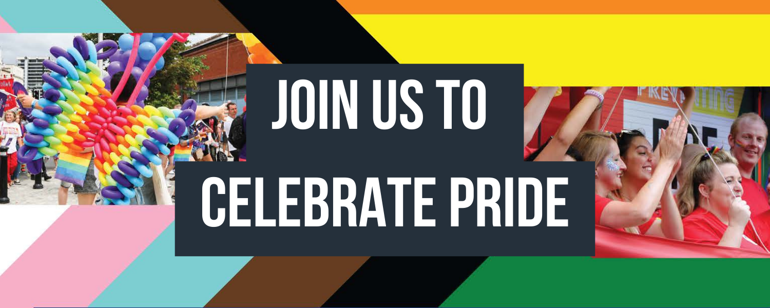 join us to celebrate pride words with pride colours and people celebrating at a previous pride event