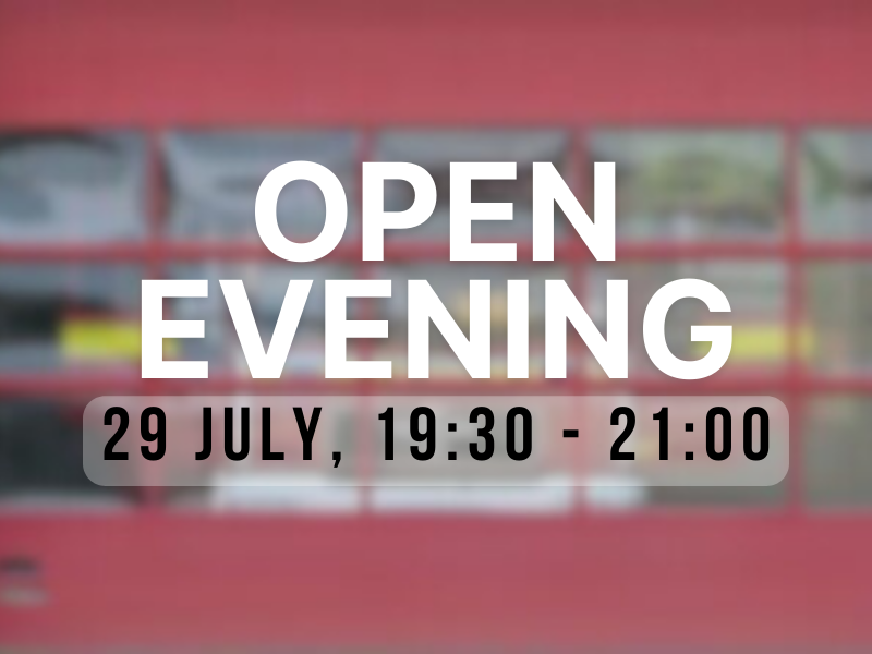 fire station entrance with the words 'open evening 29 July 19:30 until 21:00. on it